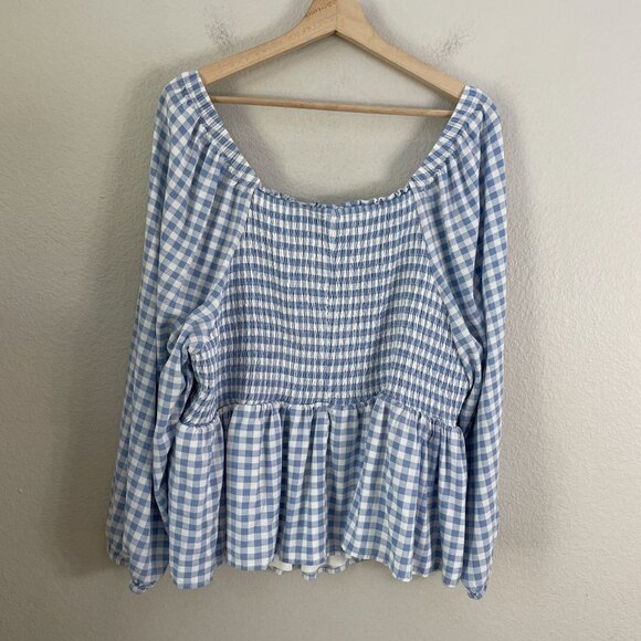 TORRID Womens Plus 4X Smocked Bodice Long Sleeve Blouse Gingham Blue Peplum Top - Picture 8 of 8